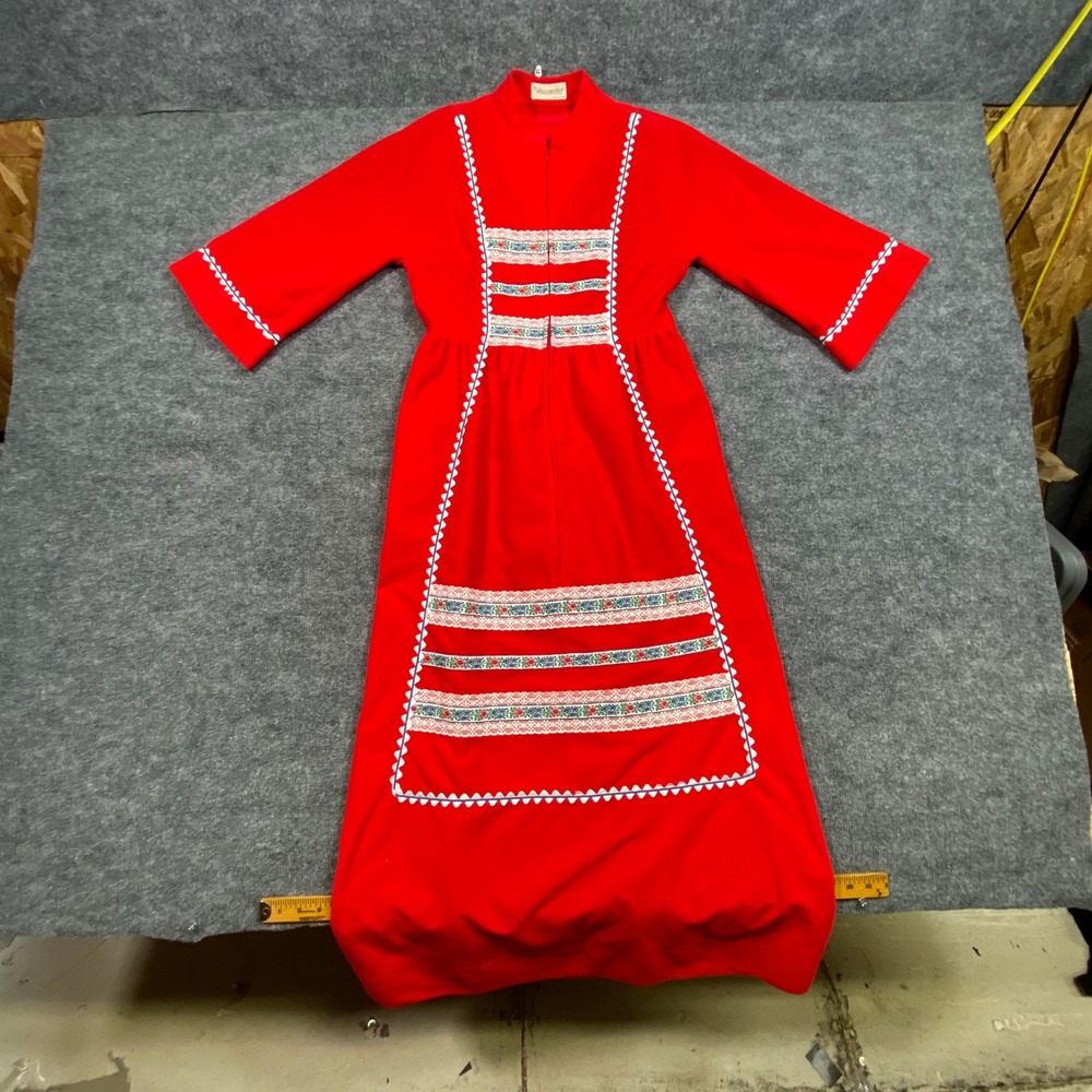 Vintage Vassarette Red Folk Maxi Robe Dress Floral Ric Rac Talon Zip USA Womens